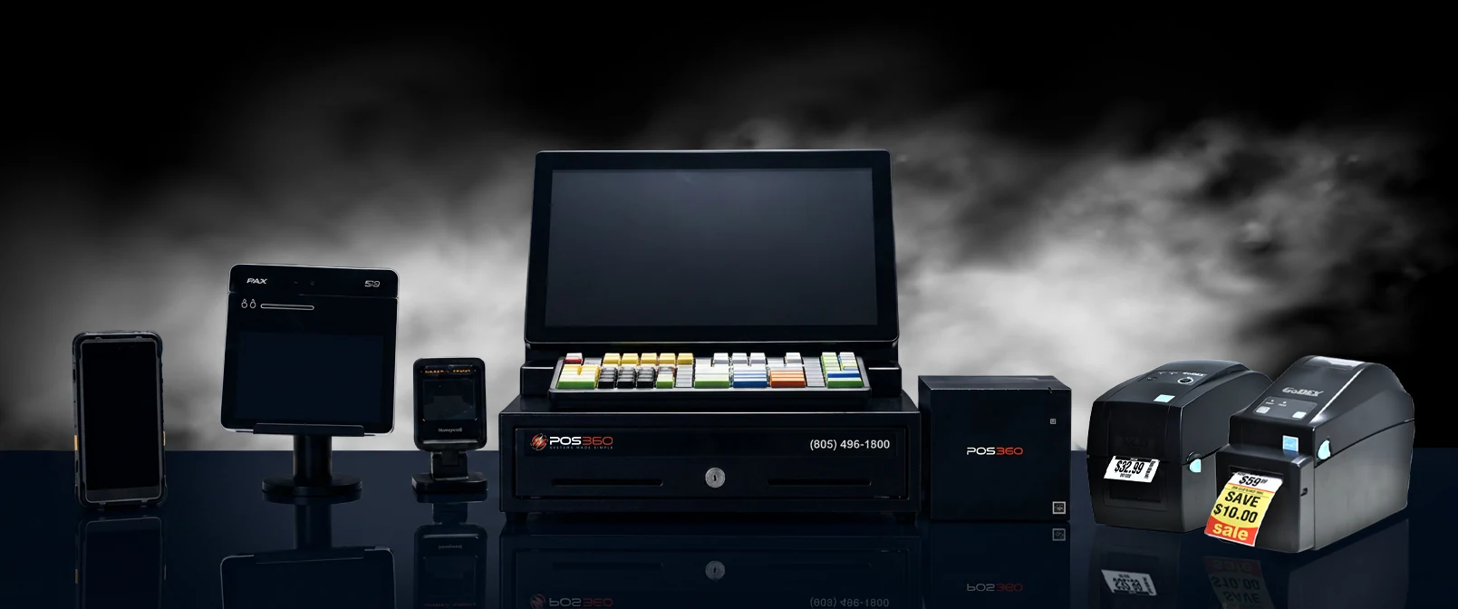 The complete POS360 360 product line — 360 Pro, 360 Tablet, marketing display, credit card terminal, printers and scanner